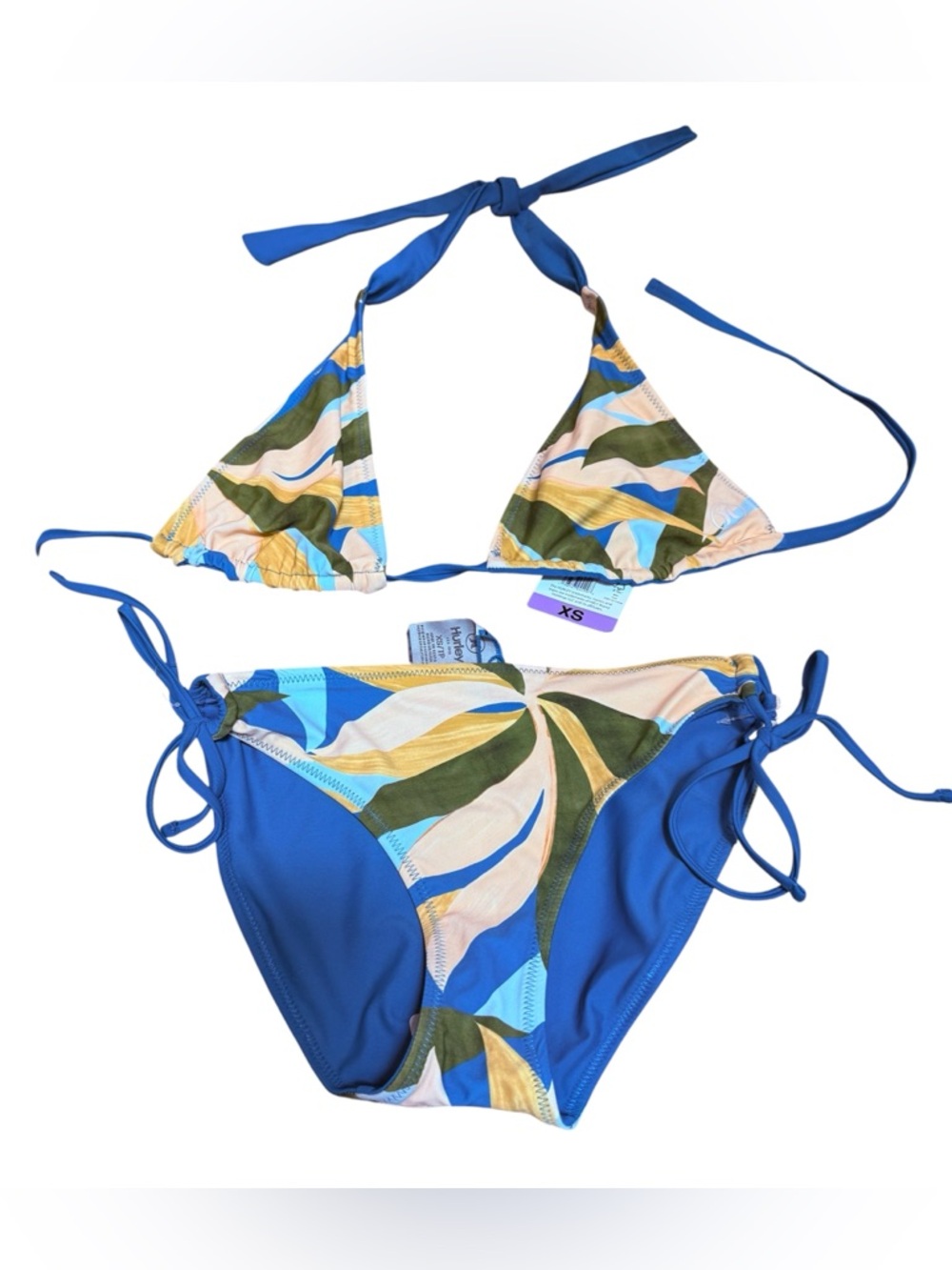 Hurley XS Bikini Set Tropical Print Triangle Top Tie Side Bottom UPF 50+ NWT